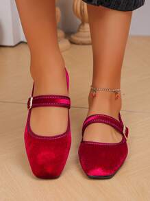 Cross-Border Women's Fashion Wide Fit Flat Shoes, Square Toe, Low Vamp, Wine Red Gold Velvet, Sweet One-Buckle, Suitable With Skirts, Spring/Autumn Season, Fit Size 35-43,Mary Jane,Ballet Flats - Burgundy - View 5