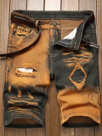 Men's Fashionable Distressed Contrast Color Casual Slim Fit Denim Shorts Jorts