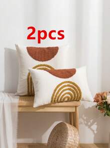 1件/2件套半圆形几何黑色和咖啡色图案抱枕套，帆布和天鹅绒刺绣方形靠垫套，适用于卧室、客厅、沙发、花园装饰，30*50厘米、45*45厘米、50*50厘米（不含枕芯） - 棕色 - 查看 22