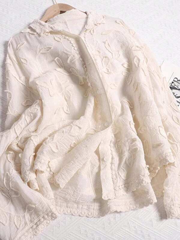 JIANHU Summer Exquisite Lace Blouse - Lightweight & Breathable With Ruffled Hem In Ivory White, Perfect For Daily Wear, Date Nights, Vacations, And Festival Outfits, Elegant Women's Boho Chic Top