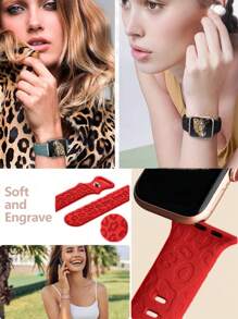 Leopard Floral Engraved Band Compatible With Apple Watch Band 49mm 45mm 44mm 42mm 41mm 40mm 38mm 46mm, Cheetah Waterproof Sport Silicone Wristbands Replacement Strap Compatible With IWatch Series 10 9 8 7 6 5 4 3 2 1 SE For Women