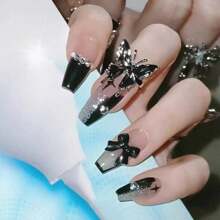 Chic 24Pcs Glitter-Rhinestone Ballet Nails - Long Black Strobe Full Cover Acrylic Tips For An Elegant Halloween Press On Nails Nail Supplies Nails - Multicolor - View 9
