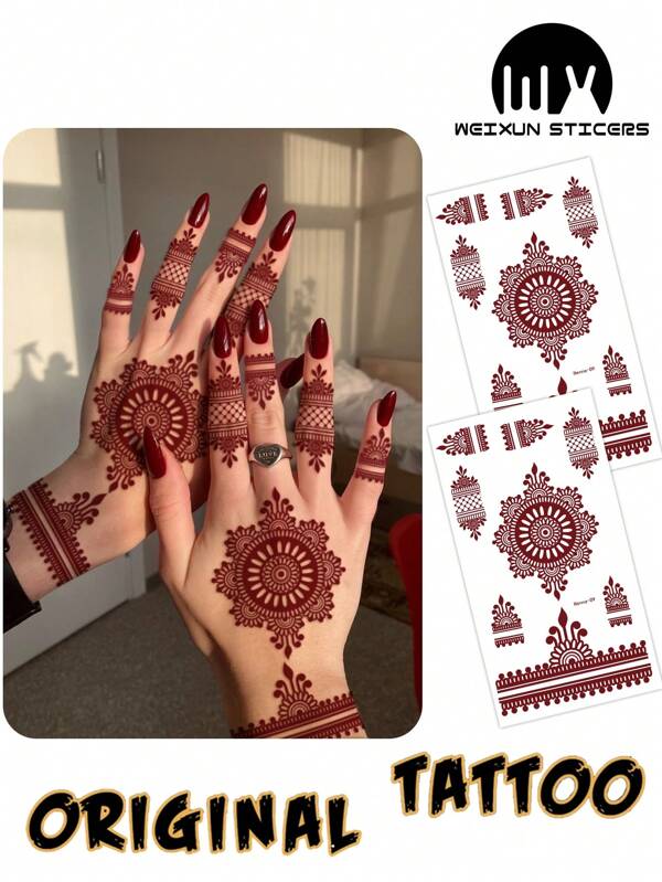 2pcs Red-Brown Henna Mandala Floral Lace Pattern Sexy Body Art Temporary Waterproof Tattoo Stickers, Suitable For Hand, Arm, Back, For Festival, Party, Everyday Wear