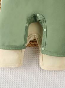 2pcs/Set Baby Boys' Polo Collar Dinosaur Print Short Sleeve Jumpsuit Set, Summer