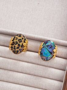1pc Vintage Alloy Abalone Shell, Leopard, Oval Leaf Design Exaggerated Personalized Metal Ring For Women, Everyday Wear