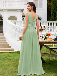 MIUSOL Sequin Floral Lace Sweetheart Neck Sleeveless Ruffle Chiffon Slit Maxi Formal Party Dress, Formal Evening Gown, Suitable For Wedding Guest, Graduation Ceremony, Gala And Other Occasions