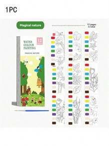 1pc 1 Book/12 Sheets Painting Notebook, Watercolor Coloring Memo Pad, Watercolor Coloring Book, Self-Contained Pigment Book, Animal Coloring Book, Princess Coloring Book, Plant Coloring Book, Food Coloring Book, Educational Coloring Pad, Water Painting Book