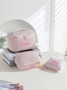3er Set Kordsamt Make-up Taschen, bestickte Kosmetiktasche, Reise-Kulturtasche, Make-up Organizer, Reise-Kulturtasche, süße Make-up Tasche für Frauen und Mädchen, reisefreundlicher Organizer für Werkzeuge und Zubehör