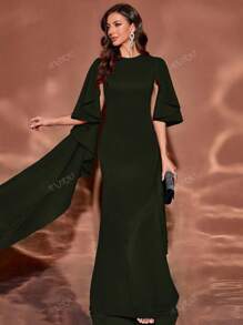 Vestido largo de unicolor con cuello redondo, mangas con volantes, ajustado y hasta el suelo, elegante, vestido formal, de fiesta, vestido de noche, para invitados de boda