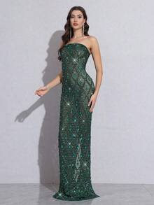 Modphy Women Sexy Luxurious Sparkling Rhinestone Sequin Mesh Fitted Tube Dress, Formal Gown For Wedding, Banquet, Party, Holiday, Wedding Guest Dress, Evening Dress