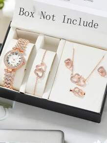 6-Piece Girl's Watch Set With Rhinestones, Roman Numeral Dial Quartz Watch + Bracelet, Necklace, Ring, Earrings, Alloy Band And Case, Gift For Mother's Day, Birthday, Anniversary - Multicolor - View 13