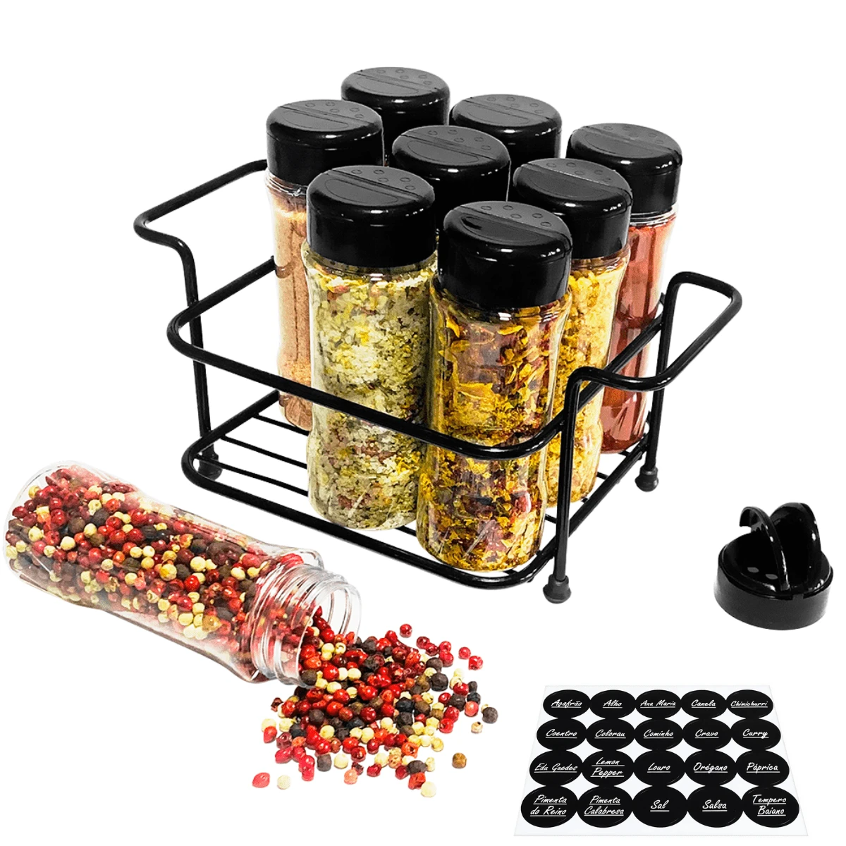 Seasoning Condiment Spice Holder Kit With 9 Plastic Jars 130ml Double Measuring Lid Iron Basket With Handle To Organize Kitchen Countertop Home Pantry Cabinet - 黑色 - 查看 1