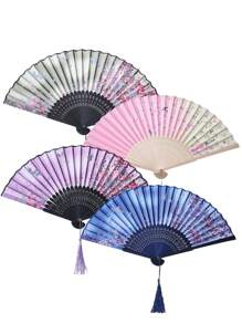 4 piezas Abanico de mano plegable, abanico de mano de material de seda para fiesta, boda, regalo, decoración de pared