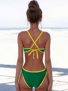 2pcs Green & Yellow Color Block Beach Swimsuit