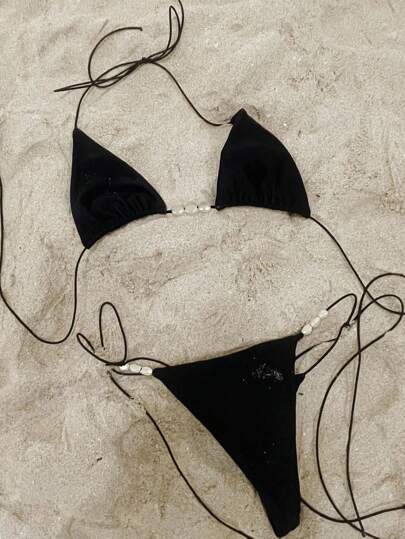 Polovedo Official New Arrival Spring/Summer European And American Women Solid Color Halter Tie Sexy Bikini Swimsuit Set, Beach Holiday Party Date