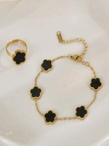 2pcs/Set Stainless Steel 5-Petal Flower Bracelet & Ring Set, Elegant Design For Everyday Wear - Five-leaf Flower - View 5