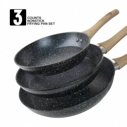 ABKOK 1 pieza/2 piezas/3 piezas Juego de utensilios de cocina, fondo grueso con revestimiento antiadherente, mango de madera, fácil de limpiar, apto para varios tipos de cocinas y cocina, tenga en cuenta el tamaño, elija el juego o la sartén individual