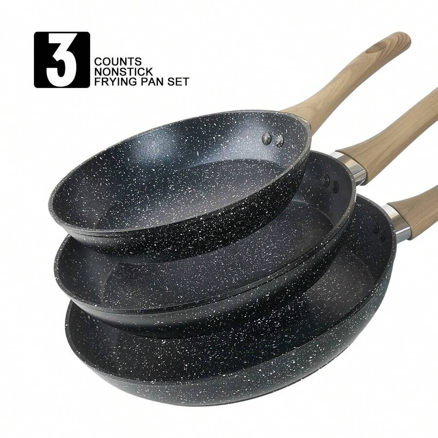 ABKOK 1pc/2pcs/3pcs Cookware Set, Thick Bottom Non-Stick Coating, Wooden Handle, Easy To Clean, Suitable For Various Stoves And Kitchen Cooking, Please Note The Size, Choose Set Or Single Pan