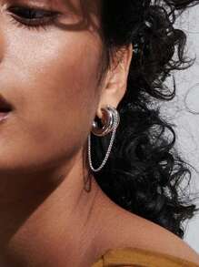 Uworld 1pc Women's Streamlined Symmetrical Gold And Silver Color Blocked C-Shaped Tassel Line Earrings 18K Gold Stainless Steel Earrings Suitable For Daily Communicating Decoration Party And Travel