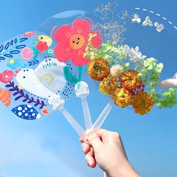 1pc DIY Transparent Fan, Blank PVC Round Plastic Fan For Drawing And Painting, Craft Material For Kids, Summer Hand-Held Fan, DIY Cheer Fan