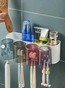 4 In 1 Toothbrush Holder Set With Self-Adhesive, Wall Mounted Toothbrush Organizer, Easy Installation Space-Saving Bathroom Accessory Home Bathroom Decor Fall Decor Back To School