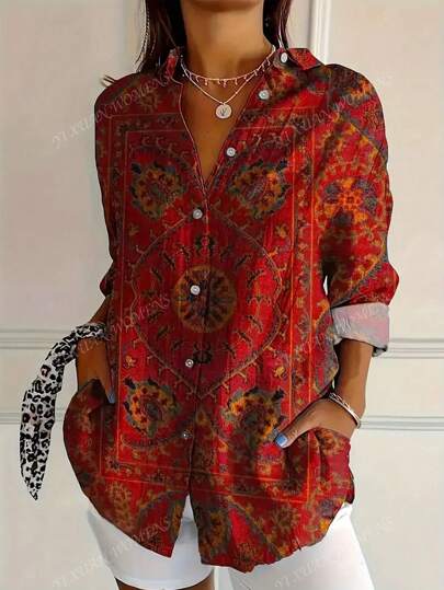 Plus Size Women's Clothing With Geometric Floral Print Pattern Shirt