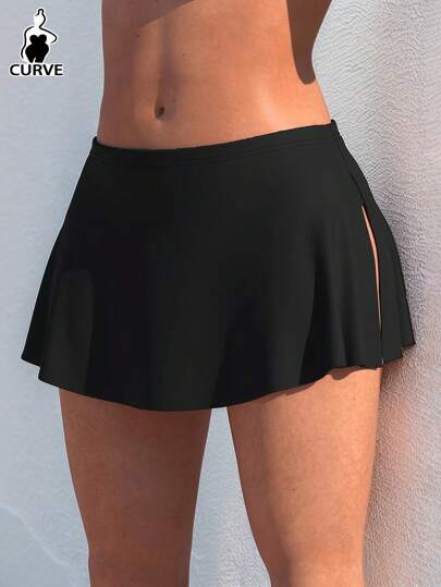 Plus Size Elegant Casual Elastic Waist Split Design Solid Color High-Stretch Tennis Skort, Bikini Beach Skort