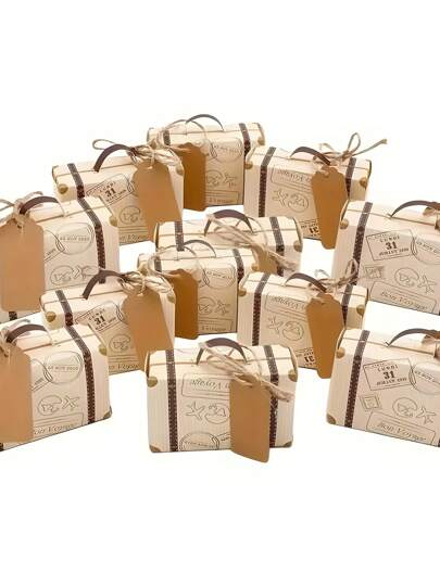 50pcs Creative Mini Suitcase Candy Boxes, Paper Gift Boxes With Ropes And Tags, Vintage World Map Mini Suitcase Candy Boxes, Suitable For Wedding, Birthday Party Favors, Gift Bags, Party Supplies Packaging, Wedding Birthday Party Decorations, Travel Classic Elegant Theme Gift Boxes