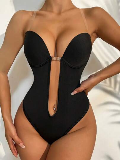 1pc Invisible Shoulder Strap Backless Body Shaping Jumpsuit. Bra Without Any Marks, Deep V-Shaped Shapewear, Gathered Chest Shapewear, Suitable As Underwear, For Home Fitness, Yoga, Swimming, Lingerie Parties, Etc