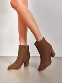 Women's Ankle Boots Pointed Classic Chunky Heel Platform Side Zipper Short Boots - 棕色 - 查看 4