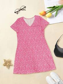 春夏新款时尚轻盈优雅宽松休闲度假连衣裙，百搭碎花短袖长裙，适合上班、居家、旅行 - 粉色 - 查看 6