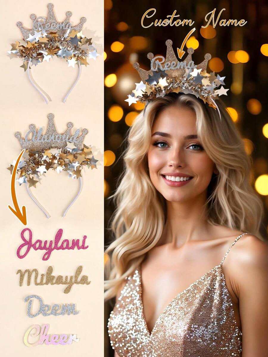 1 件闪亮定制头带，适合女士女孩个性化名字金色闪光皇冠发带定制名字星形皇冠头带优雅发带派对节日礼物头饰女士发饰