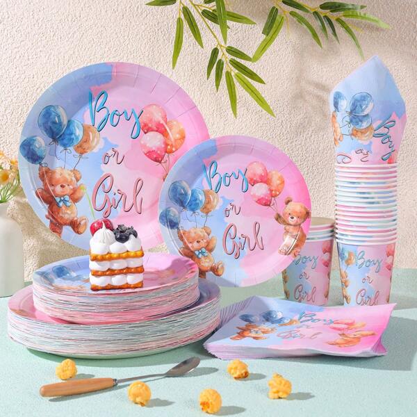 1 set de vaisselle jetable avec motif ours en peluche, assiettes de 17,8/22,9 cm, serviettes, gobelets pour fête, fournitures de fête d'anniversaire, assiettes en papier jetables, serviettes, gobelets, convient pour les décorations de fête d'anniversaire