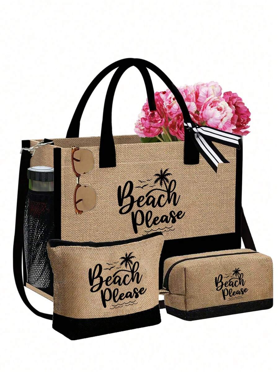 女士沙滩主题手提包套装，饰有艺术感十足的“沙滩沙滩”字样和棕榈树印花，包含1个大容量手提包和2个化妆包。 - 卡其色 - 查看 1