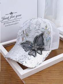 1pc Fashionable Rhinestone Butterfly Embellished Breathable Mesh Casual Baseball Cap For Women, Sparkling Summer Sun Protection Hat - Multicolor - View 3