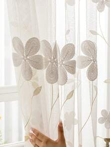 1 pieza Cortina translúcida con bordado floral, color crema estilo romántico francés, adecuada para sala de estar y dormitorio