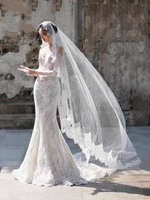 1pc Romantic, Lightweight 3 Meters Lace Trim Bridal Wedding Veil, Elegant For Outdoor, Lawn, Church Wedding Photography Fall Clothes For Women - Beige - View 4