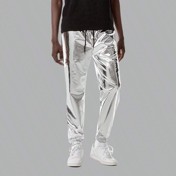Metallic Shiny Disco Sport Pants, Stretchy Men's Long Pants For Party