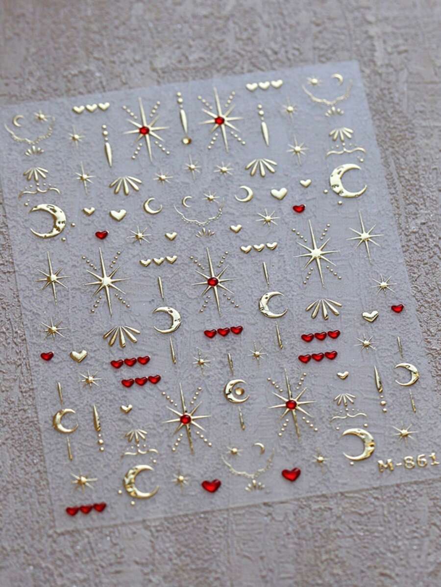 1片金色/红色美甲贴纸，女士美甲装饰，5D星星美甲贴纸，自粘美甲饰品，心形/月亮美甲贴纸，美甲用品，美甲贴纸 - 彩色 - 查看 1