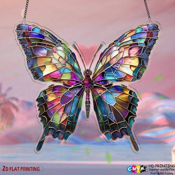 Stained Glass Effect Acrylic Butterfly Suncatcher - With Hanging Chain, No Electricity Required 7.1''x7.9'' 2D Window Art For All Seasons | Vibrantly Colored Indoor/Outdoor Hanging Decorations With Weather-Resistant Finishes