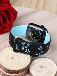 花卉雕花表带，兼容 表带 41 毫米 40 毫米 44 毫米 45 毫米 42 毫米 38 毫米 49 毫米 46 毫米，可爱花朵，柔软硅胶运动表带，兼容 Series 11 10 Se 9 8 7 6 5 4 3 Ultra，女士时尚花卉元素表带 - 黑配 螢光綠 - 查看 8