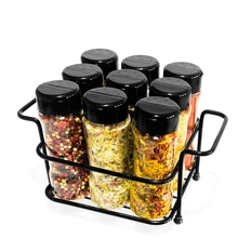 Seasoning Condiment Spice Holder Kit With 9 Plastic Jars 130ml Double Measuring Lid Iron Basket With Handle To Organize Kitchen Countertop Home Pantry Cabinet - 黑色 - 查看 5