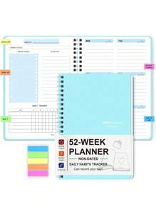 BUBU 1本52周计划笔记本，这款带螺旋装订的周计划和日计划笔记本可用作学术预约簿、52周日程安排簿、提高效率的日记本、文具办公用品、成人日历和个人计划本、学校用品、女士圣诞礼物。 - 彩色 - 查看 11