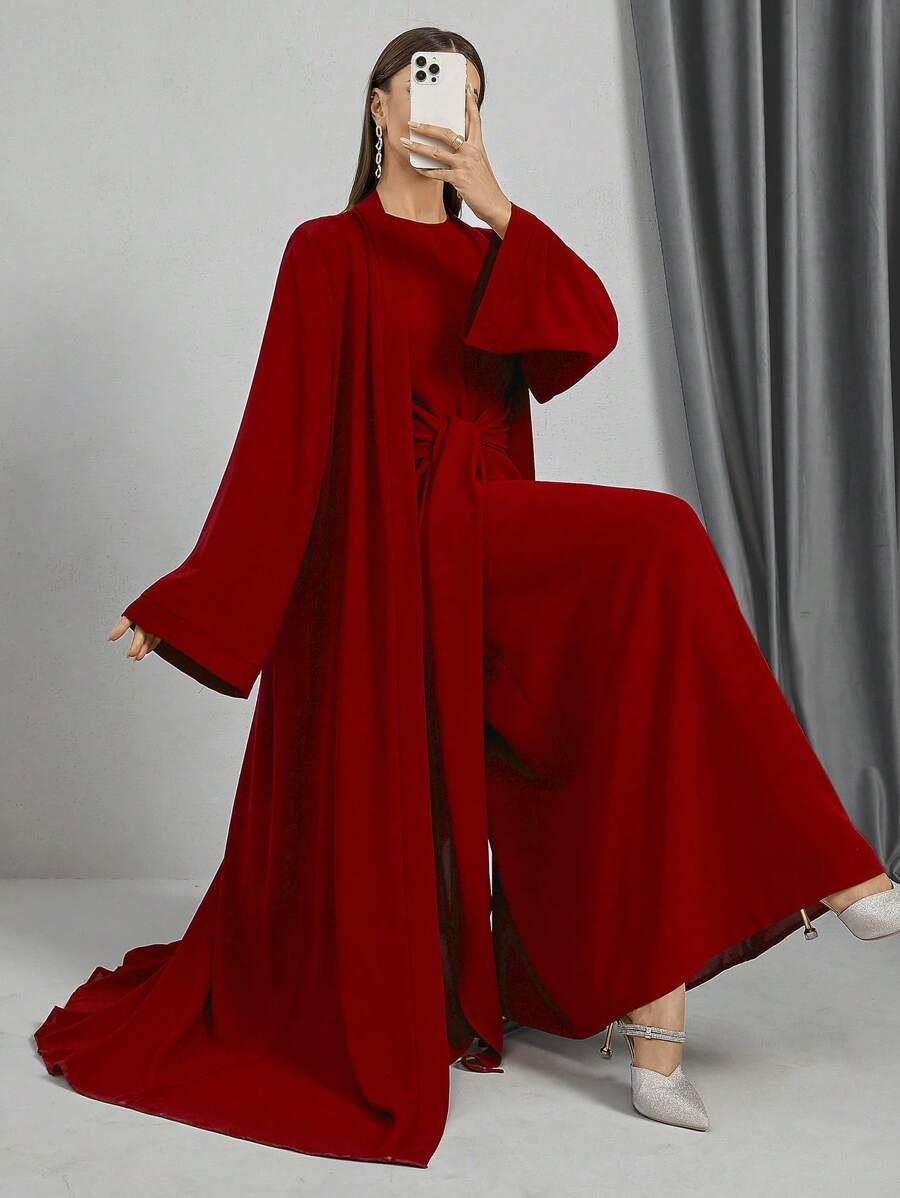 女士纯色长袖休闲长款阿巴雅，端庄长袍