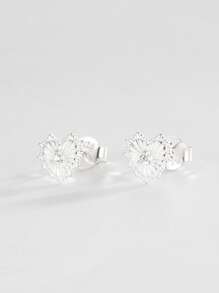 Solid 925 Sterling Silver Carved Heart Stud Earrings With Crystal, Cute & Everyday Wear Design - Earrings - View 5