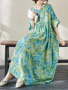 上衣、波西米亚休闲度假连衣裙、大码优雅度假连衣裙、2026新款夏季圆领短袖连衣裙、妈妈装、优雅日常连衣裙、上衣、睡衣、沙滩裙 - 綠色 - 查看 6