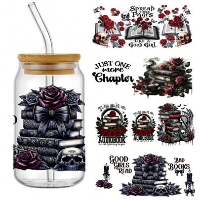 Set Of 4 Book Lover Themed UV DTF Transfer Stickers, And Scratch-Resistant, Suitable For 16 Oz Glass Jars And Projects, Featuring Humorous Quotes With Floral Designs