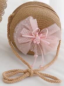 1pc Girls Cute Princess Style Straw Bow-Knot Tote Bag, Pink, Suitable For Princess Outings, Beach And Daily Use - Bow - View 7