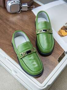 Spring New Fashion Kids Versatile Round Toe Metal Buckle Slip-On Loafers - Green - View 3