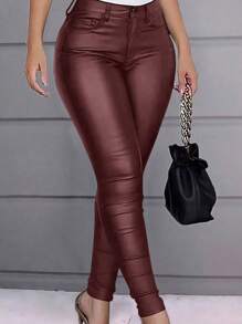 Apperloth A Plus Size Pants For Women's High Waisted Stretch Thermal Faux Leather PU Coated Legging Juniors Skinny Warm Sexy Tights Trousers - 酒紅色 - 查看 1
